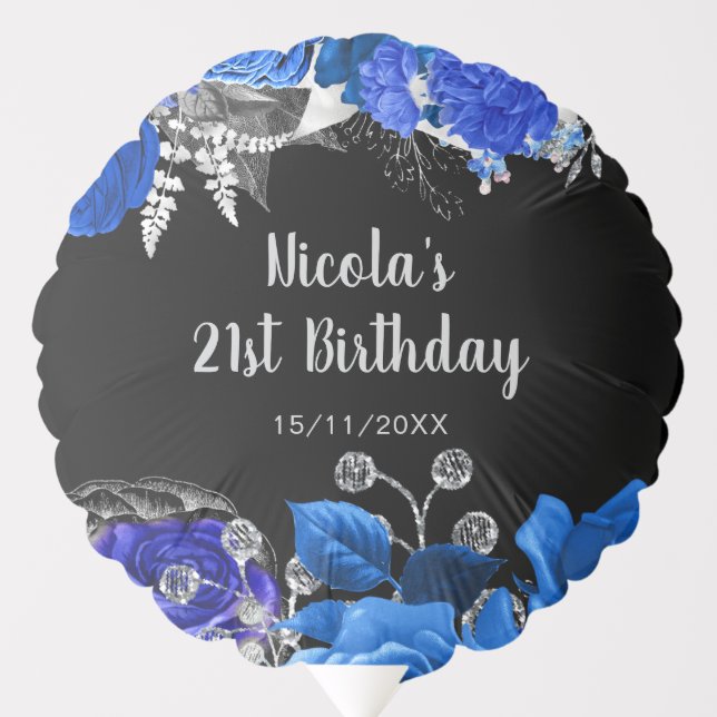 Elegant Blue and Silver Flowers Birthday Party Balloon (Front)