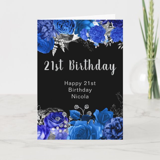Elegant Blue and Silver Flowers Birthday Party Card (Front)