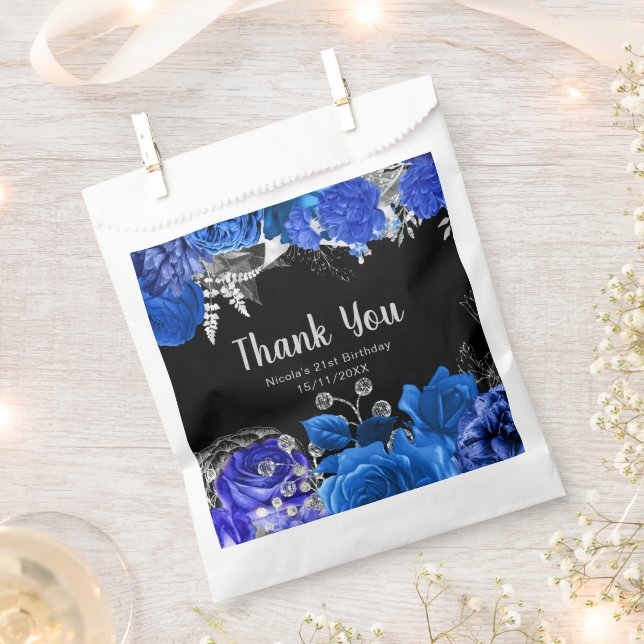 Elegant Blue and Silver Flowers Birthday Party Favor Bag (Clipped)