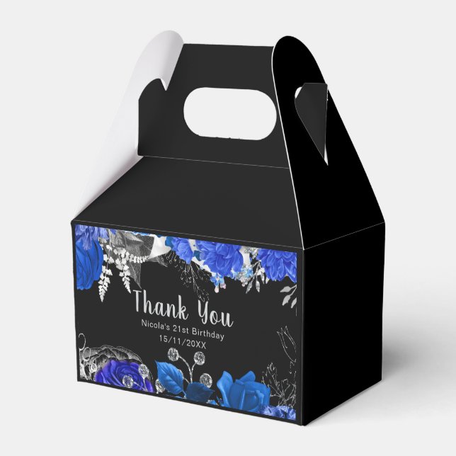Elegant Blue and Silver Flowers Birthday Party Favor Boxes (Front Side)