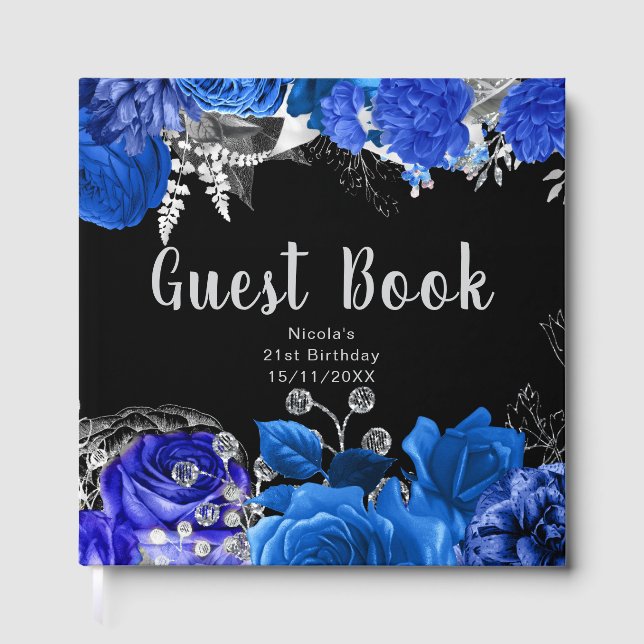 Elegant Blue and Silver Flowers Birthday Party Guest Book (Front)