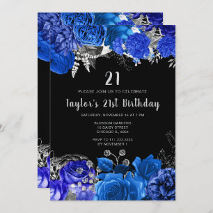 Elegant Blue and Silver Flowers Birthday Party Invitation
