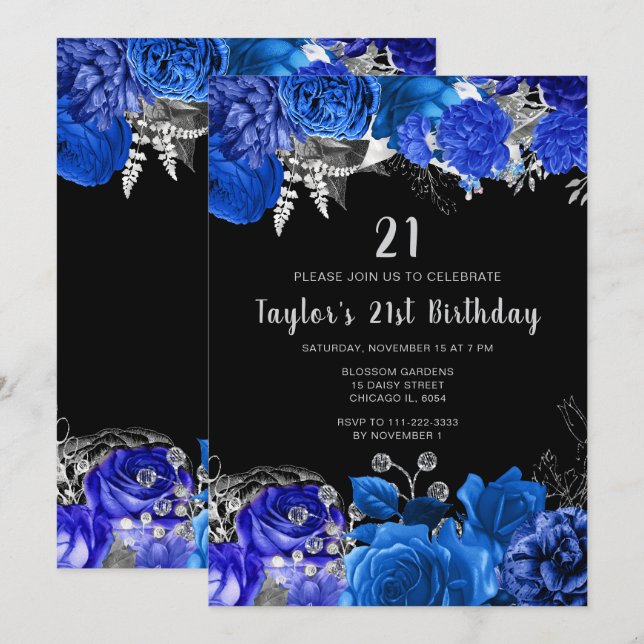 Elegant Blue and Silver Flowers Birthday Party Invitation (Front/Back)