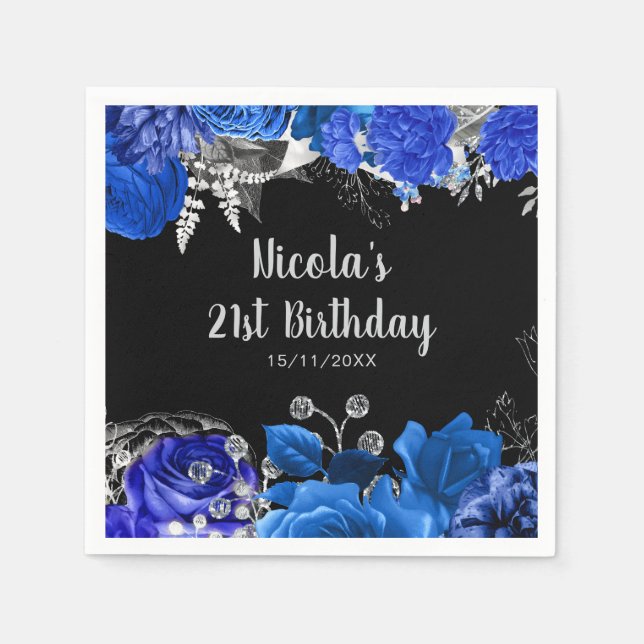 Elegant Blue and Silver Flowers Birthday Party Napkins (Front)