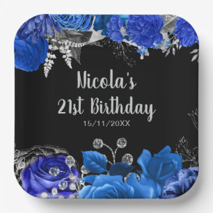 Elegant Blue and Silver Flowers Birthday Party Paper Plates