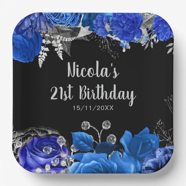 Elegant Blue and Silver Flowers Birthday Party Paper Plates (Front)