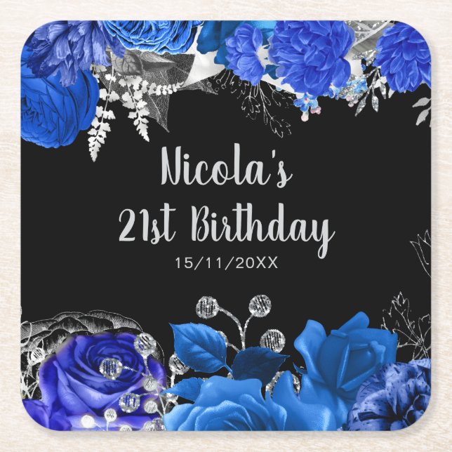 Elegant Blue and Silver Flowers Birthday Party Square Paper Coaster (Front)