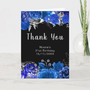 Elegant Blue and Silver Flowers Birthday Party Thank You Card