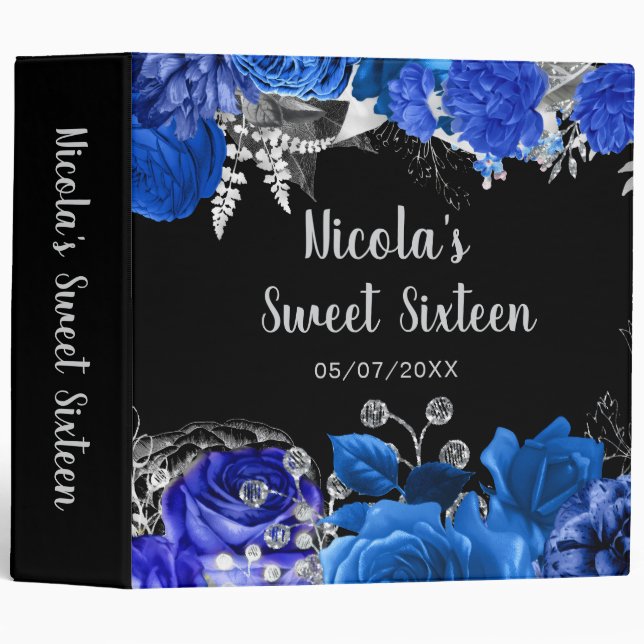 Elegant Blue and Silver Flowers Sweet Sixteen 3 Ring Binder (Front/Spine)