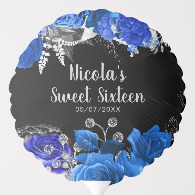 Elegant Blue and Silver Flowers Sweet Sixteen Balloon (Front)