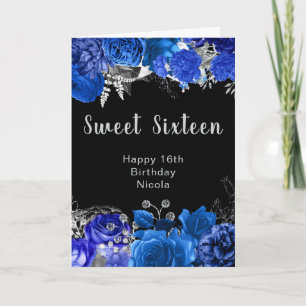Elegant Blue and Silver Flowers Sweet Sixteen Card