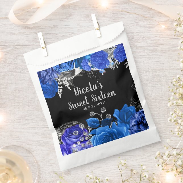 Elegant Blue and Silver Flowers Sweet Sixteen Favor Bag (Clipped)
