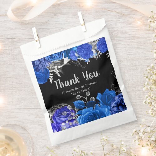 Elegant Blue and Silver Flowers Sweet Sixteen Favor Bag