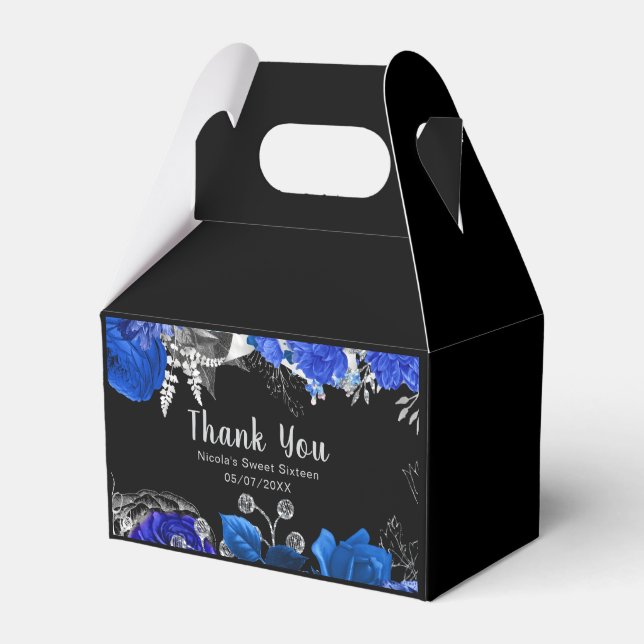 Elegant Blue and Silver Flowers Sweet Sixteen Favor Boxes (Front Side)