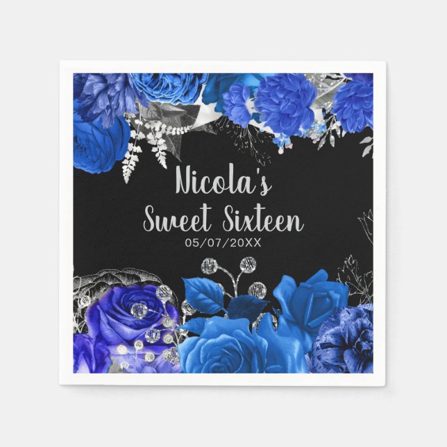 Elegant Blue and Silver Flowers Sweet Sixteen Napkins (Front)