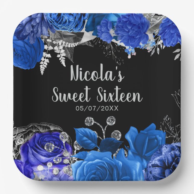 Elegant Blue and Silver Flowers Sweet Sixteen Paper Plates (Front)