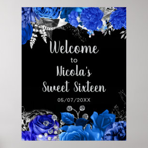 Elegant Blue and Silver Flowers Sweet Sixteen Poster