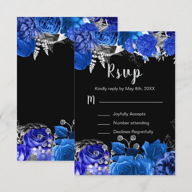 Elegant Blue and Silver Flowers Sweet Sixteen RSVP Card (Front/Back)