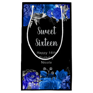 Elegant Blue and Silver Flowers Sweet Sixteen Small Gift Bag
