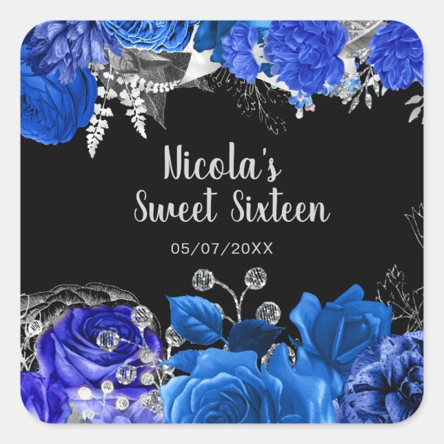 Elegant Blue and Silver Flowers Sweet Sixteen Square Sticker (Front)