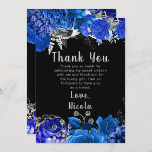 Elegant Blue and Silver Flowers Sweet Sixteen Thank You Card