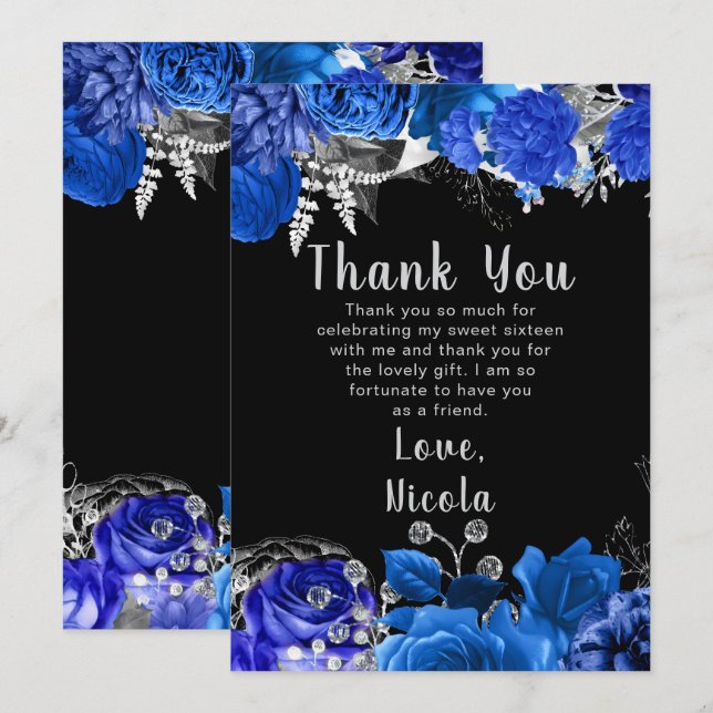 Elegant Blue and Silver Flowers Sweet Sixteen Thank You Card (Front/Back)