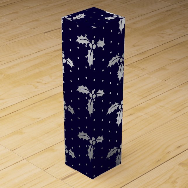 Elegant Blue and Silver Foil Christmas Holly Wine Box (Front)