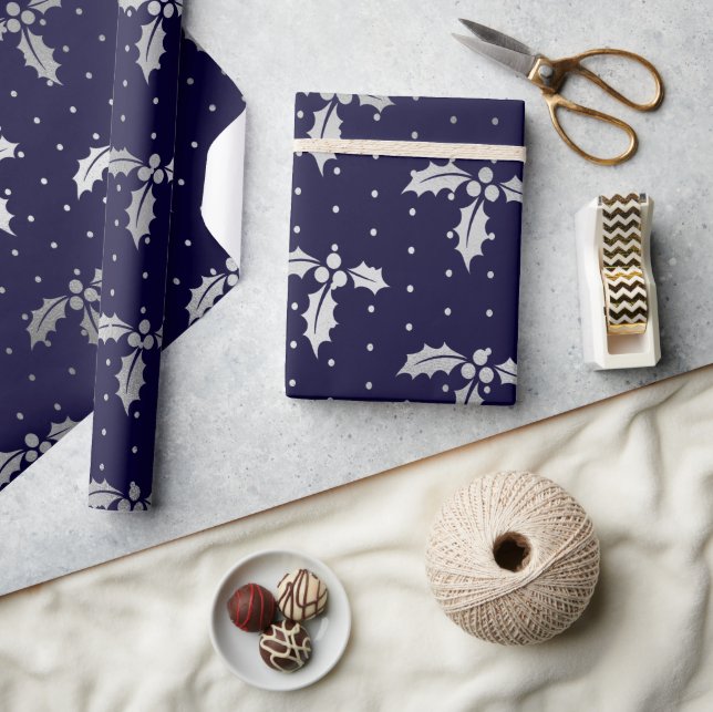 Elegant Blue and Silver Foil Christmas Holly Wrapping Paper (Crafts)