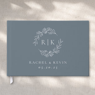 Elegant Blue and Silver Foliage Monogram Wedding Foil Guest Book