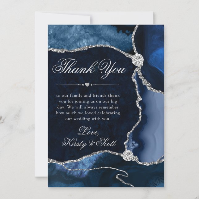Elegant Blue and Silver Glitter Agate Wedding Thank You Card (Front)
