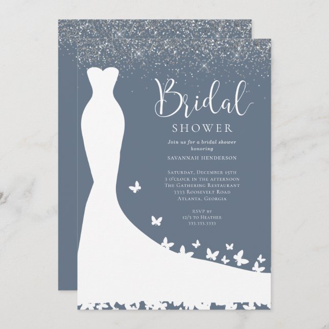 Elegant Blue and Silver Glitter Bridal Shower Invi Invitation (Front/Back)