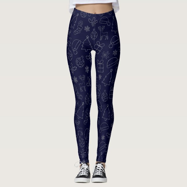 Elegant Blue and Silver Glitter Christmas Pattern Leggings (Front)