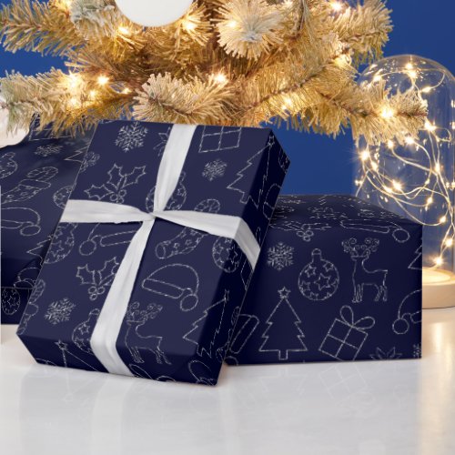 Elegant Blue and Silver Glitter Christmas Pattern Wrapping Paper