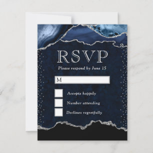 Elegant Blue and Silver Glitter Marble Agate RSVP Card