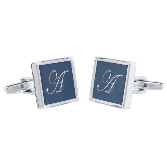Elegant Blue and Silver Gray Monogram A Modern Cufflinks (Angled)