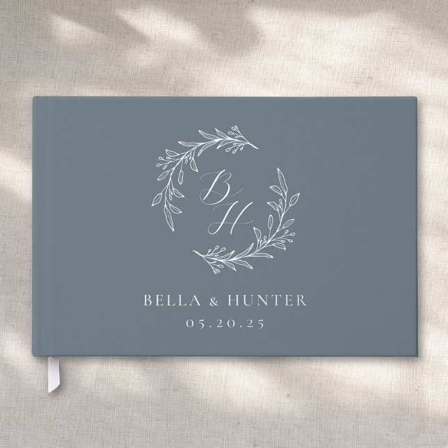 Elegant Blue and Silver Monogram Wreath Wedding Foil Guest Book (Creator Uploaded)