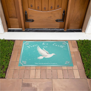 Elegant Blue and Silver 'Peace On Earth' Holiday Doormat
