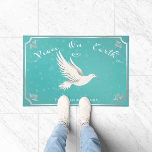 Elegant Blue and Silver Peace On Earth Holiday  Doormat