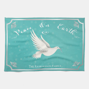 Elegant Blue and Silver 'Peace On Earth' Holiday Kitchen Towel