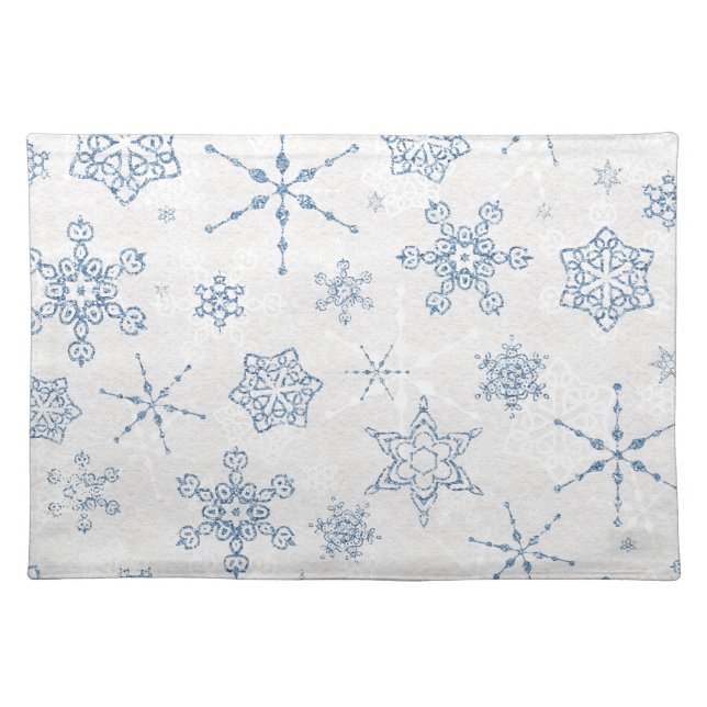 Elegant Blue and Silver Snowflake Print Cloth Placemat (Front)