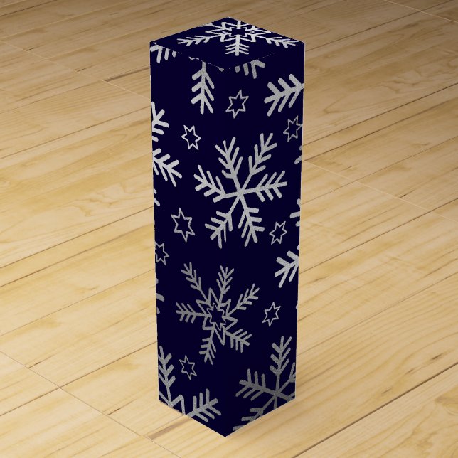 Elegant Blue and  Silver Snowflakes Christmas Wine Box (Front)
