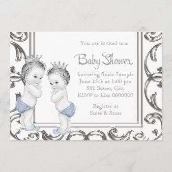 Elegant Blue And Silver Twin Boy Baby Shower Invitation by The_Vintage_Boutique at Zazzle