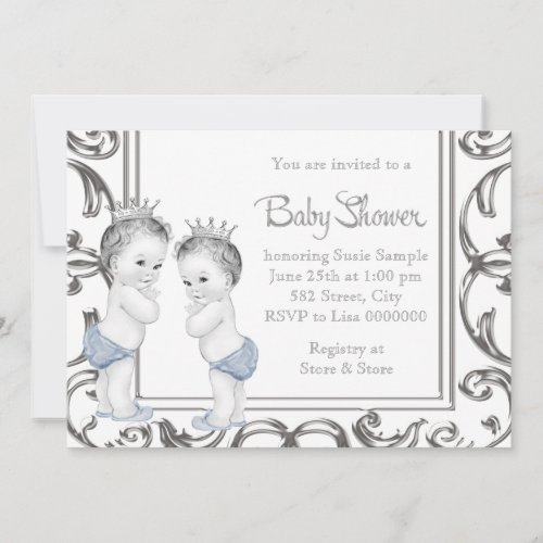 Elegant Blue and Silver Twin Boy Baby Shower Invitation