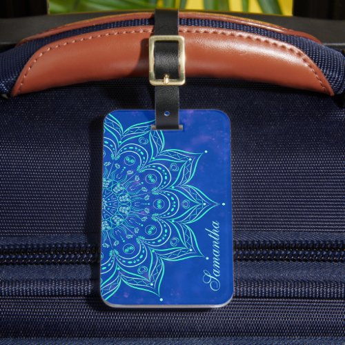 Elegant Blue and Teal Aqua Mandala Monogrammed Luggage Tag