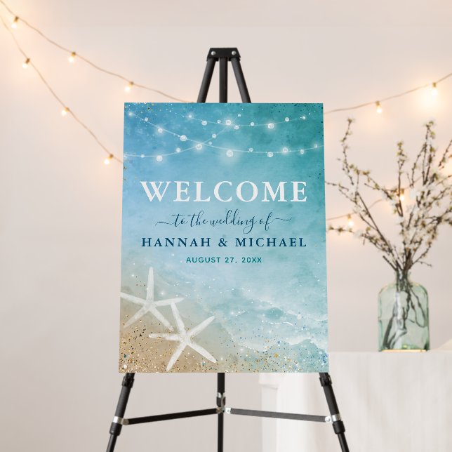 Elegant Blue and Teal Beach Welcome Wedding Signs (In Situ (Stand))