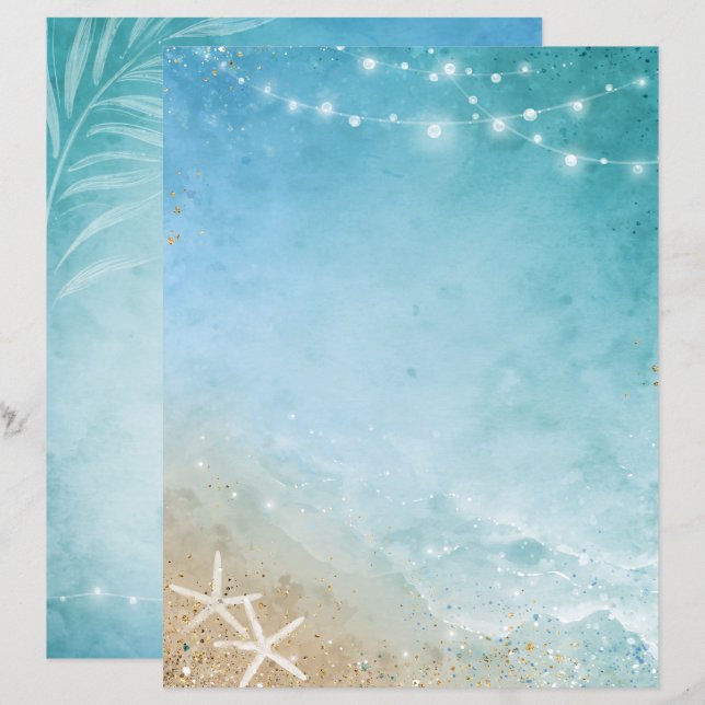 Elegant Blue and Teal Watercolor Beach Stationery (Front/Back)