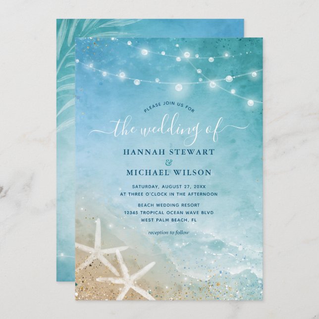 Elegant Blue and Teal Watercolor Beach Wedding Invitation (Front/Back)