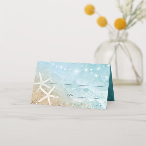Elegant Blue and Teal Watercolor Beach Wedding Place Card