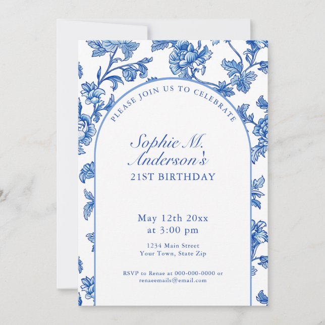 Elegant Blue and White 21st Birthday Party  Invitation (Front)
