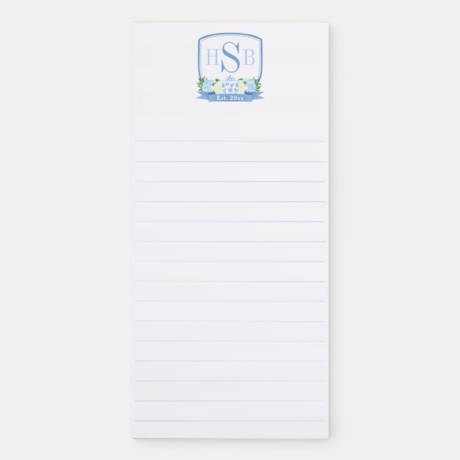 Elegant Blue And White 3 Letter Married Monogram Magnetic Notepad (Front)